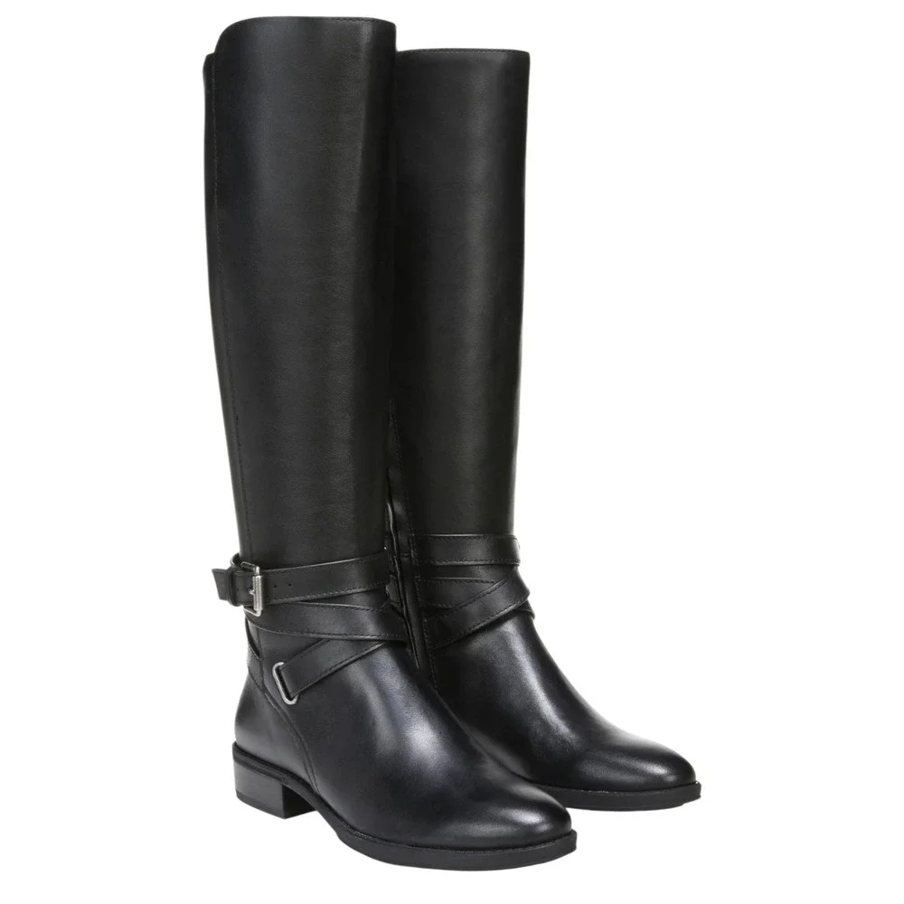 Sam Edelman Wide Calf Black Leather Buckle Tall Boots Women US 9.5 Riding Boots